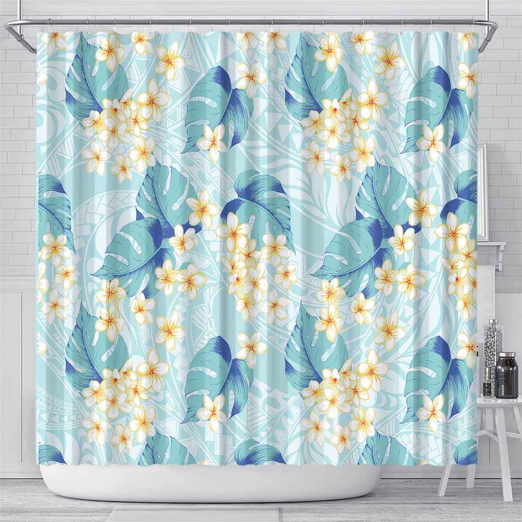 Pastel Cyan Tropical Hawaii Shower Curtain Seamless Monstera Plumeria Hawaiian Pattern - Polynesian Pride