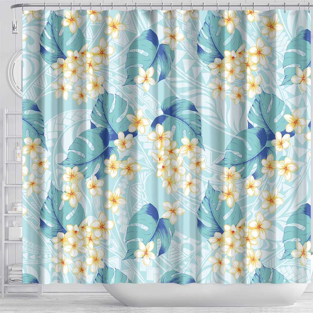 Pastel Cyan Tropical Hawaii Shower Curtain Seamless Monstera Plumeria Hawaiian Pattern - Polynesian Pride