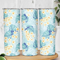 Pastel Cyan Tropical Hawaii Skinny Tumbler Seamless Monstera Plumeria Hawaiian Pattern - Polynesian Pride