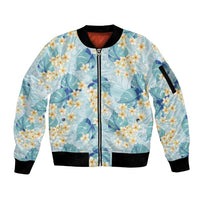 Pastel Cyan Tropical Hawaii Sleeve Zip Bomber Jacket Seamless Monstera Plumeria Hawaiian Pattern - Polynesian Pride