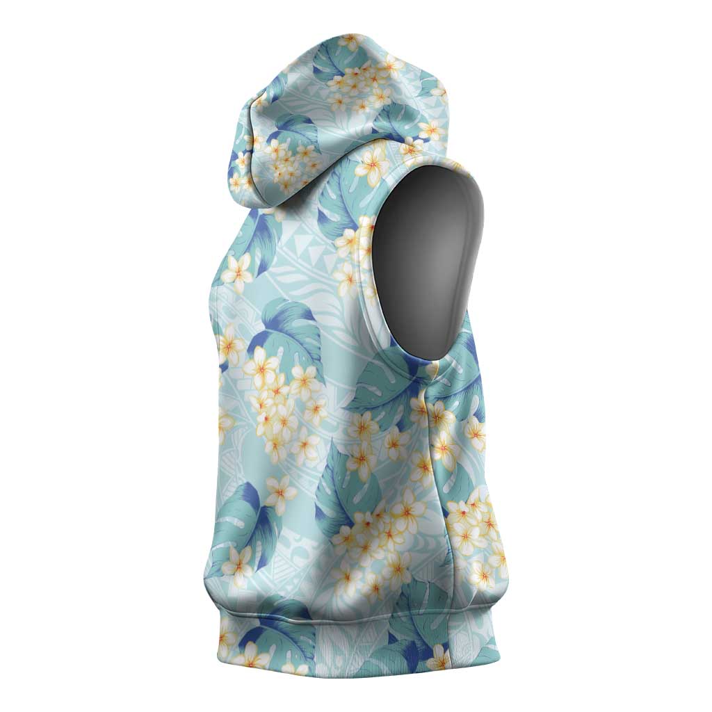 Pastel Cyan Tropical Hawaii Sleeveless Hoodie Seamless Monstera Plumeria Hawaiian Pattern - Polynesian Pride