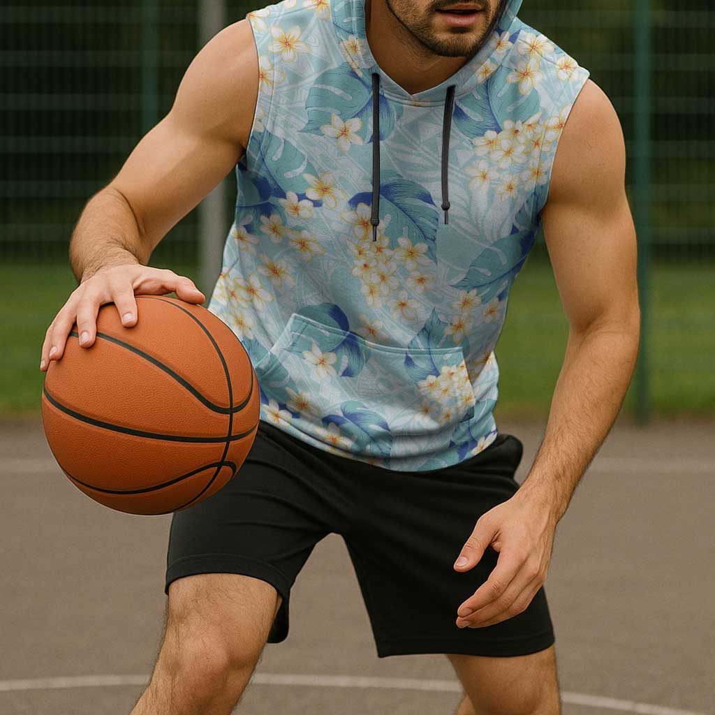 Pastel Cyan Tropical Hawaii Sleeveless Hoodie Seamless Monstera Plumeria Hawaiian Pattern - Polynesian Pride