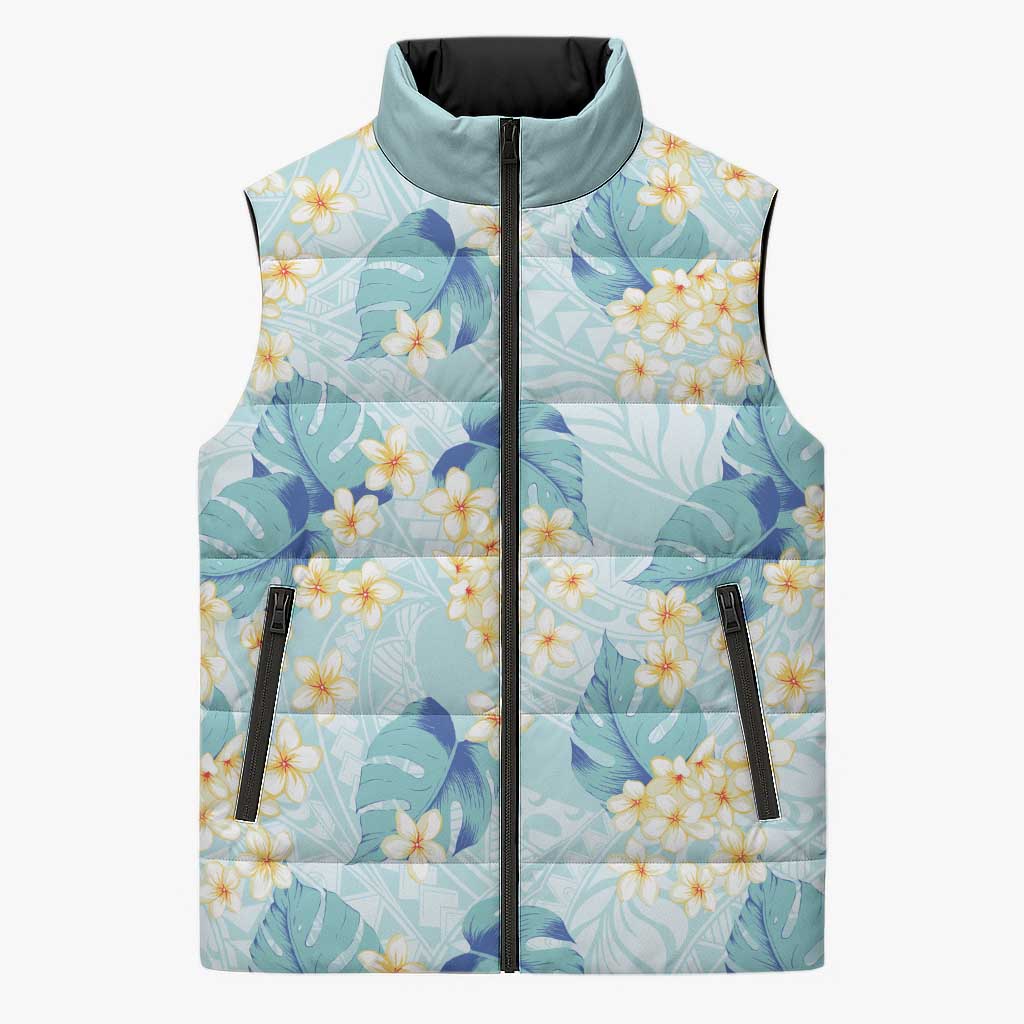 Pastel Cyan Tropical Hawaii Sleeveless Puffer Jacket Seamless Monstera Plumeria Hawaiian Pattern - Polynesian Pride