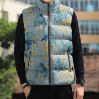 Pastel Cyan Tropical Hawaii Sleeveless Puffer Jacket Seamless Monstera Plumeria Hawaiian Pattern - Polynesian Pride