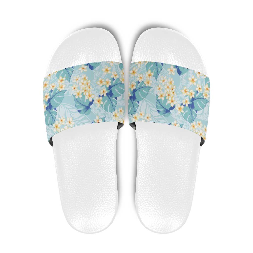 Pastel Cyan Tropical Hawaii Slide Sandals Seamless Monstera Plumeria Hawaiian Pattern - Polynesian Pride