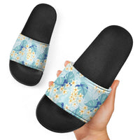 Pastel Cyan Tropical Hawaii Slide Sandals Seamless Monstera Plumeria Hawaiian Pattern - Polynesian Pride