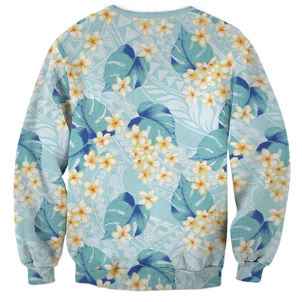 Pastel Cyan Tropical Hawaii Sweatshirt Seamless Monstera Plumeria Hawaiian Pattern - Polynesian Pride