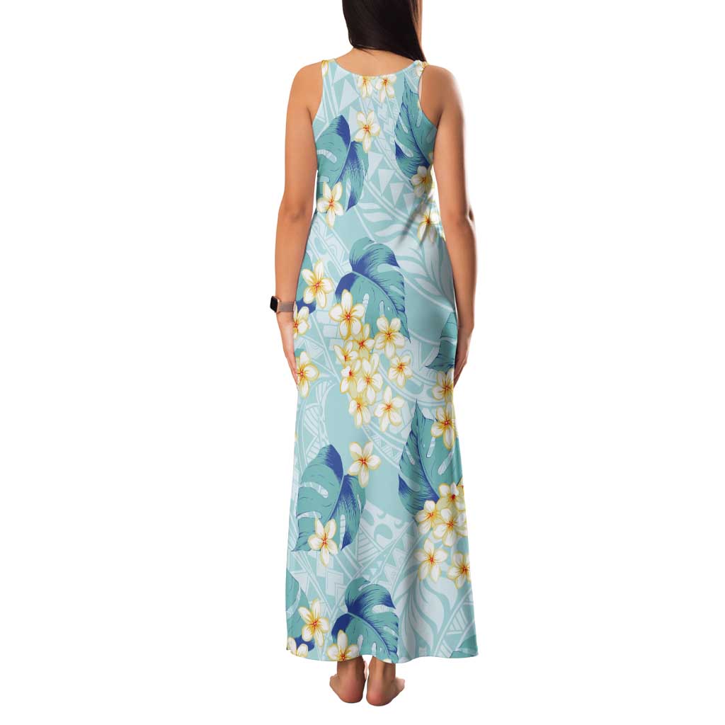 Pastel Cyan Tropical Hawaii Tank Maxi Dress Seamless Monstera Plumeria Hawaiian Pattern - Polynesian Pride