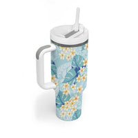 Pastel Cyan Tropical Hawaii Tumbler With Handle Seamless Monstera Plumeria Hawaiian Pattern - Polynesian Pride