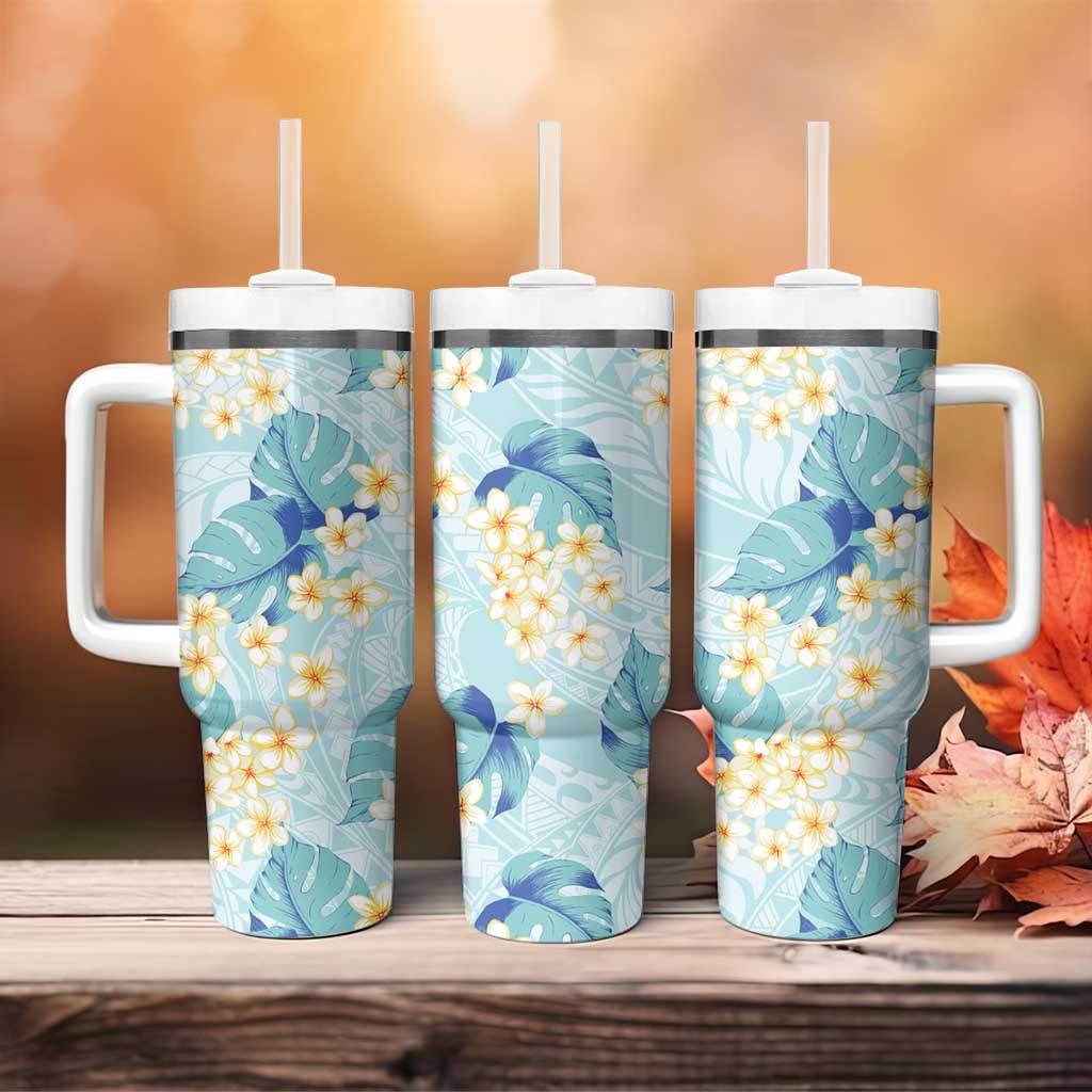 Pastel Cyan Tropical Hawaii Tumbler With Handle Seamless Monstera Plumeria Hawaiian Pattern - Polynesian Pride