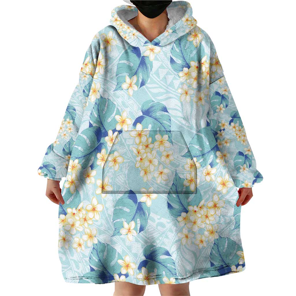 Pastel Cyan Tropical Hawaii Wearable Blanket Hoodie Seamless Monstera Plumeria Hawaiian Pattern - Polynesian Pride