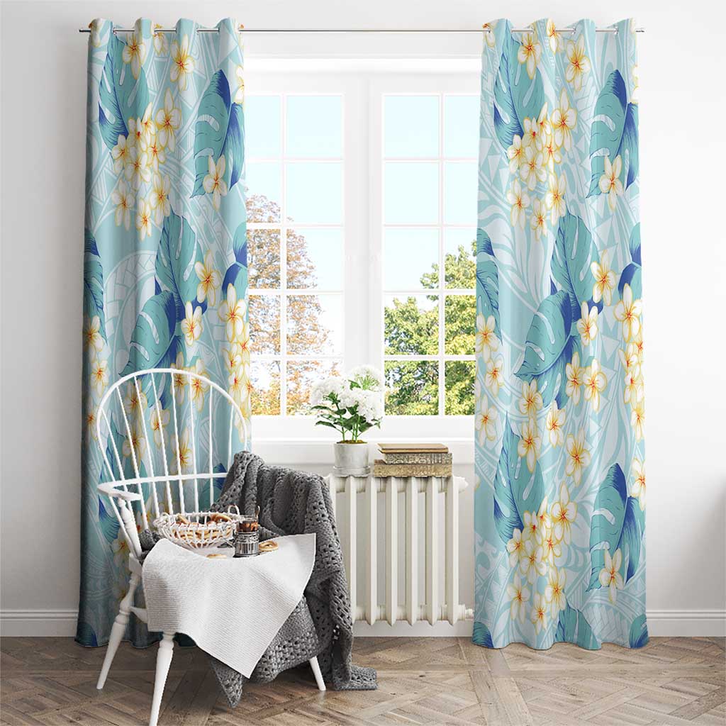 Pastel Cyan Tropical Hawaii Window Curtain Seamless Monstera Plumeria Hawaiian Pattern - Polynesian Pride