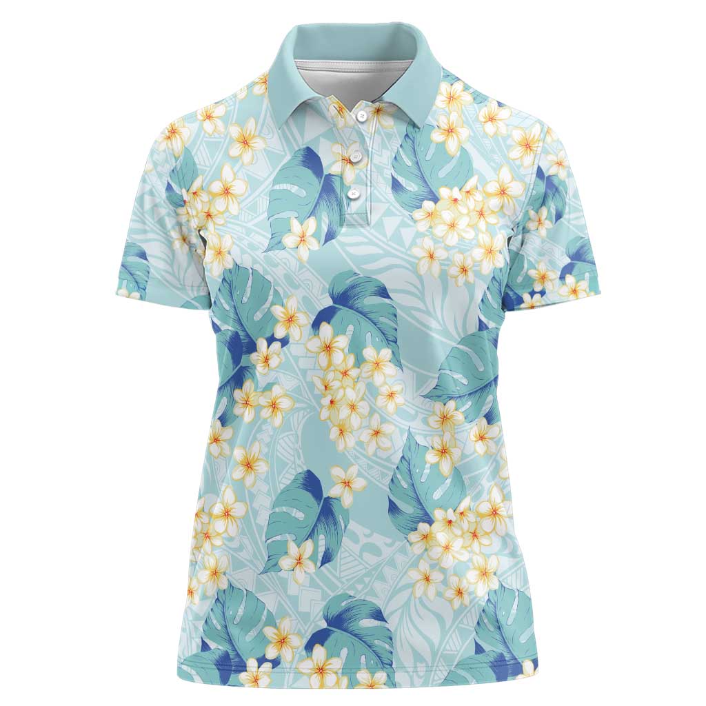 Pastel Cyan Tropical Hawaii Women Polo Shirt Seamless Monstera Plumeria Hawaiian Pattern - Polynesian Pride