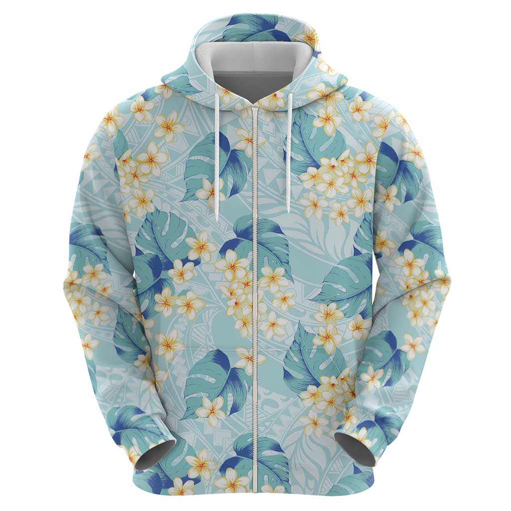 Pastel Cyan Tropical Hawaii Zip Hoodie Seamless Monstera Plumeria Hawaiian Pattern - Polynesian Pride