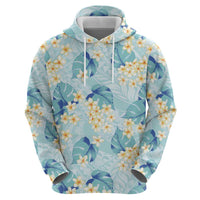 Pastel Cyan Tropical Hawaii Zip Hoodie Seamless Monstera Plumeria Hawaiian Pattern - Polynesian Pride