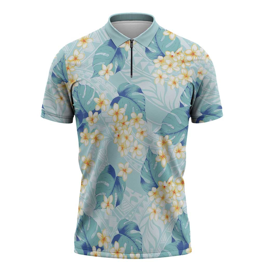 Pastel Cyan Tropical Hawaii Zipper Polo Shirt Seamless Monstera Plumeria Hawaiian Pattern - Polynesian Pride