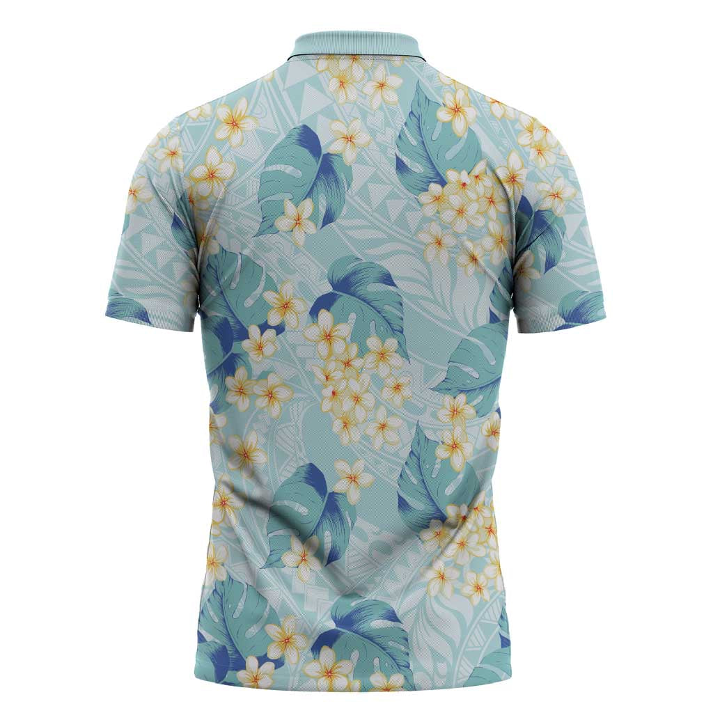 Pastel Cyan Tropical Hawaii Zipper Polo Shirt Seamless Monstera Plumeria Hawaiian Pattern - Polynesian Pride