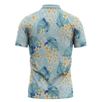 Pastel Cyan Tropical Hawaii Zipper Polo Shirt Seamless Monstera Plumeria Hawaiian Pattern - Polynesian Pride