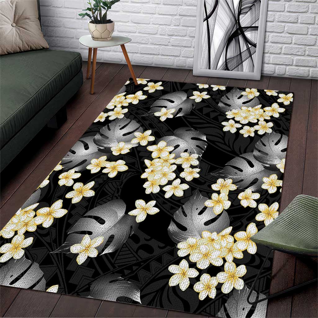 Black Tropical Hawaii Area Rug Seamless Monstera Plumeria Hawaiian Pattern - Polynesian Pride