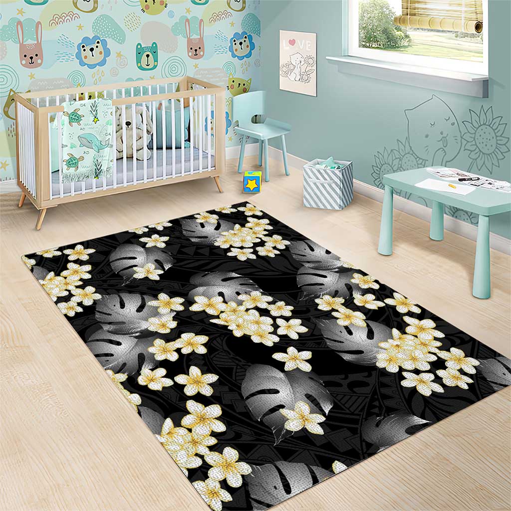 Black Tropical Hawaii Area Rug Seamless Monstera Plumeria Hawaiian Pattern - Polynesian Pride