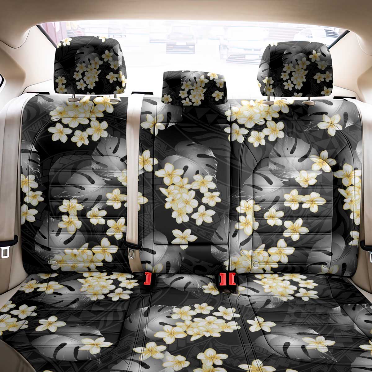 Black Tropical Hawaii Back Car Seat Cover Seamless Monstera Plumeria Hawaiian Pattern - Polynesian Pride