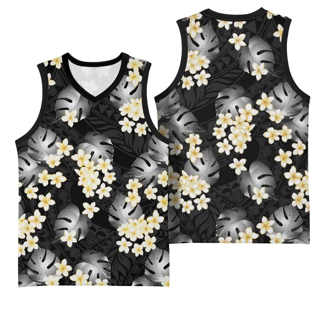 Black Tropical Hawaii Basketball Jersey Seamless Monstera Plumeria Hawaiian Pattern - Polynesian Pride