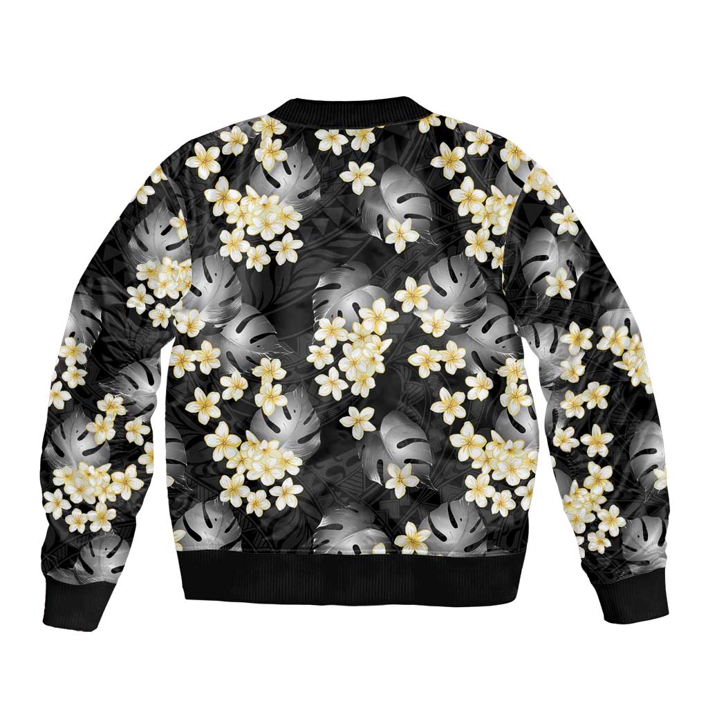 Black Tropical Hawaii Bomber Jacket Seamless Monstera Plumeria Hawaiian Pattern - Polynesian Pride