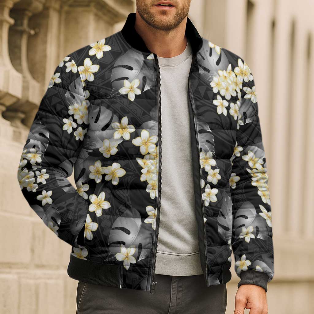 Black Tropical Hawaii Bomber Puffer Jacket Seamless Monstera Plumeria Hawaiian Pattern - Polynesian Pride