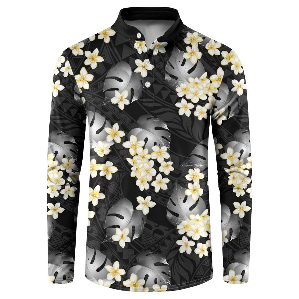 Black Tropical Hawaii Button Sweatshirt Seamless Monstera Plumeria Hawaiian Pattern - Polynesian Pride