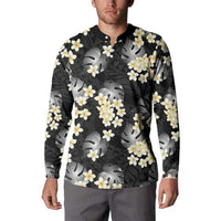 Black Tropical Hawaii Button Sweatshirt Seamless Monstera Plumeria Hawaiian Pattern - Polynesian Pride
