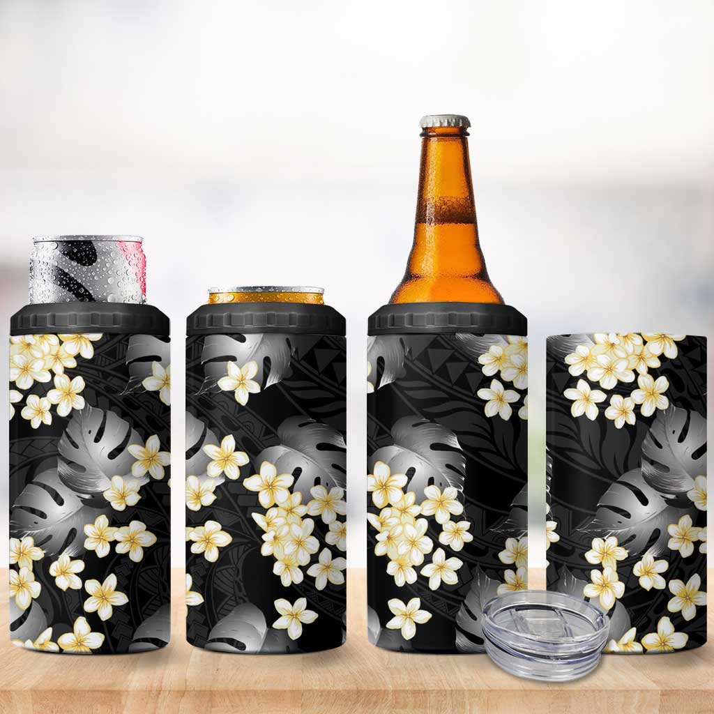 Black Tropical Hawaii 4 in 1 Can Cooler Tumbler Seamless Monstera Plumeria Hawaiian Pattern - Polynesian Pride