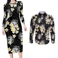 Black Tropical Hawaii Couples Matching Long Sleeve Bodycon Dress and Long Sleeve Button Shirt Seamless Monstera Plumeria Hawaiian Pattern - Polynesian Pride