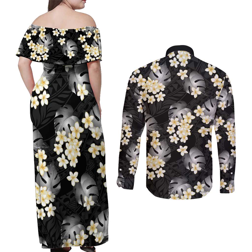 Black Tropical Hawaii Couples Matching Off Shoulder Maxi Dress and Long Sleeve Button Shirt Seamless Monstera Plumeria Hawaiian Pattern - Polynesian Pride