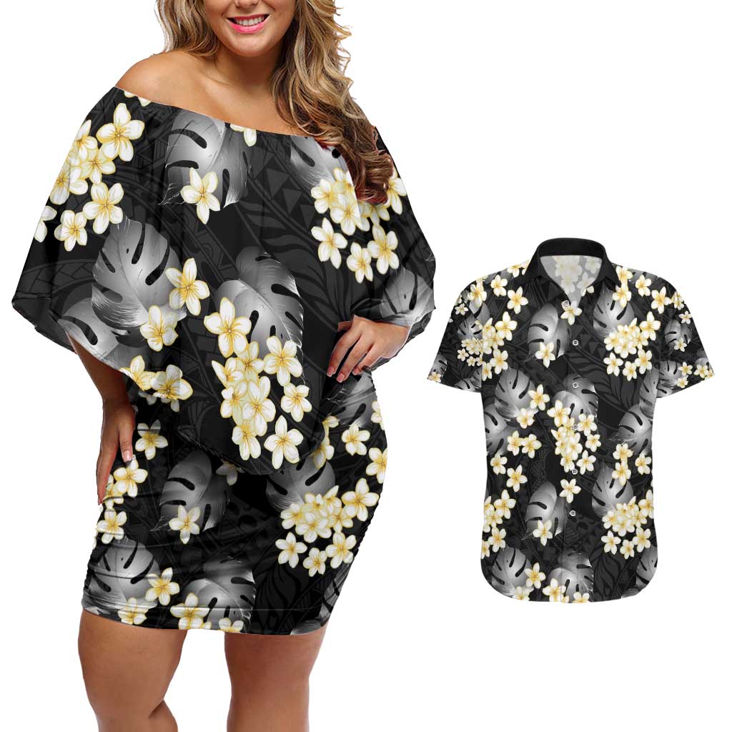 Black Tropical Hawaii Couples Matching Off Shoulder Short Dress and Hawaiian Shirt Seamless Monstera Plumeria Hawaiian Pattern - Polynesian Pride