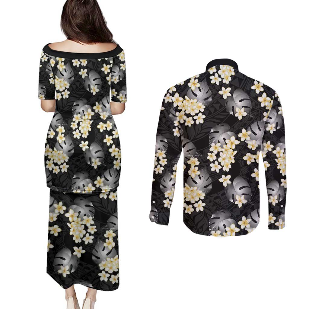 Black Tropical Hawaii Couples Matching Puletasi and Long Sleeve Button Shirt Seamless Monstera Plumeria Hawaiian Pattern - Polynesian Pride
