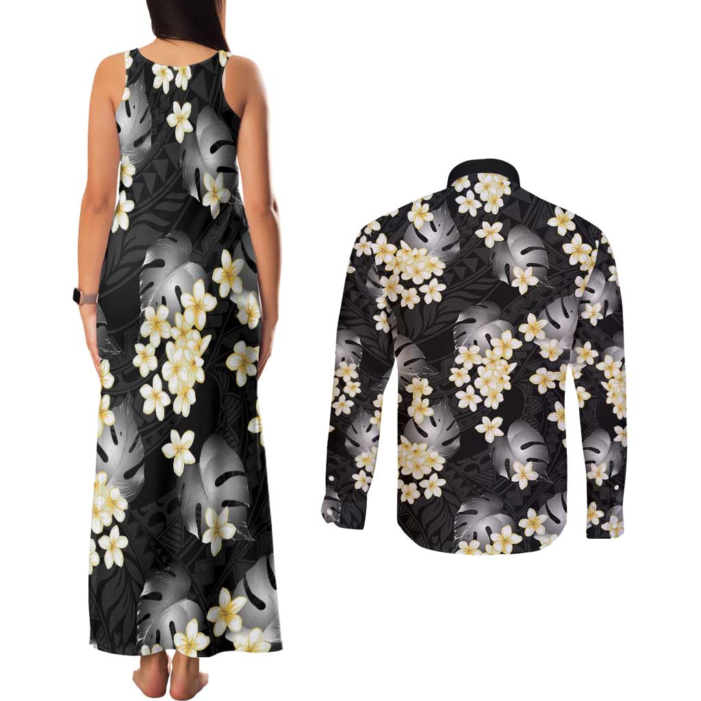 Black Tropical Hawaii Couples Matching Tank Maxi Dress and Long Sleeve Button Shirt Seamless Monstera Plumeria Hawaiian Pattern - Polynesian Pride