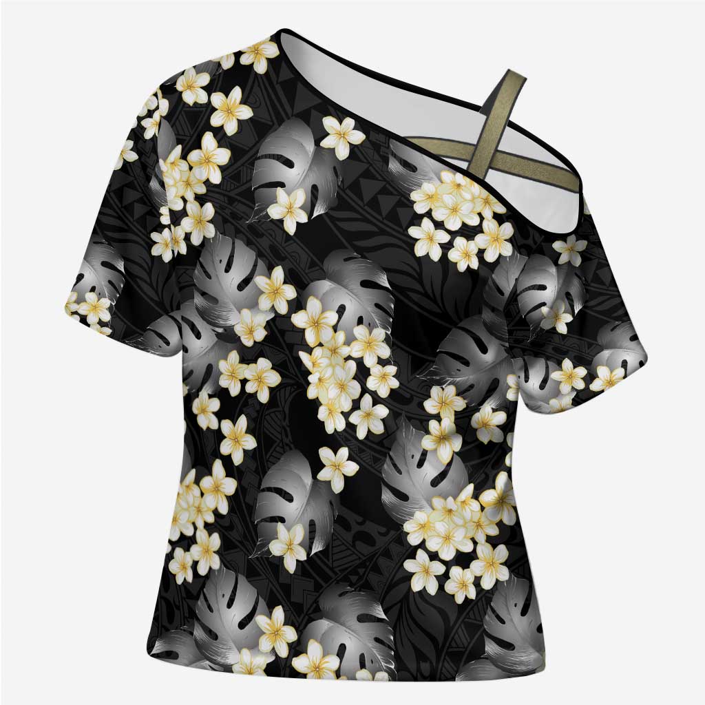 Black Tropical Hawaii Cross Shoulder Shirt Seamless Monstera Plumeria Hawaiian Pattern - Polynesian Pride