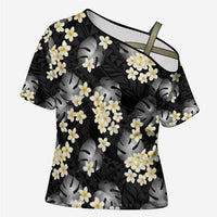 Black Tropical Hawaii Cross Shoulder Shirt Seamless Monstera Plumeria Hawaiian Pattern - Polynesian Pride