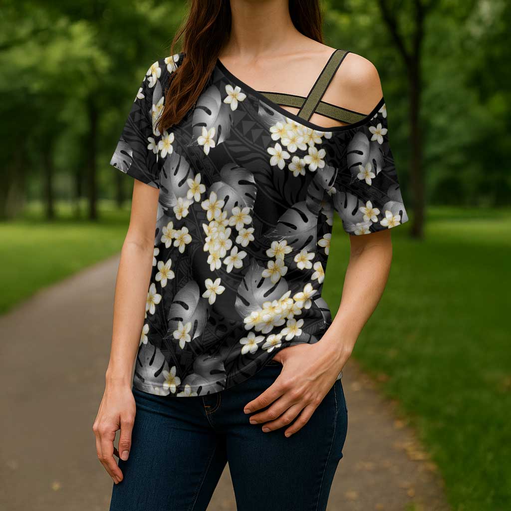 Black Tropical Hawaii Cross Shoulder Shirt Seamless Monstera Plumeria Hawaiian Pattern - Polynesian Pride