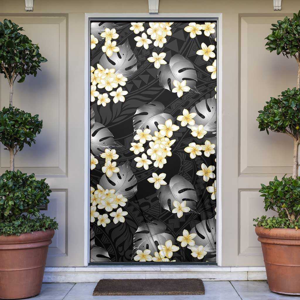 Black Tropical Hawaii Door Cover Seamless Monstera Plumeria Hawaiian Pattern - Polynesian Pride