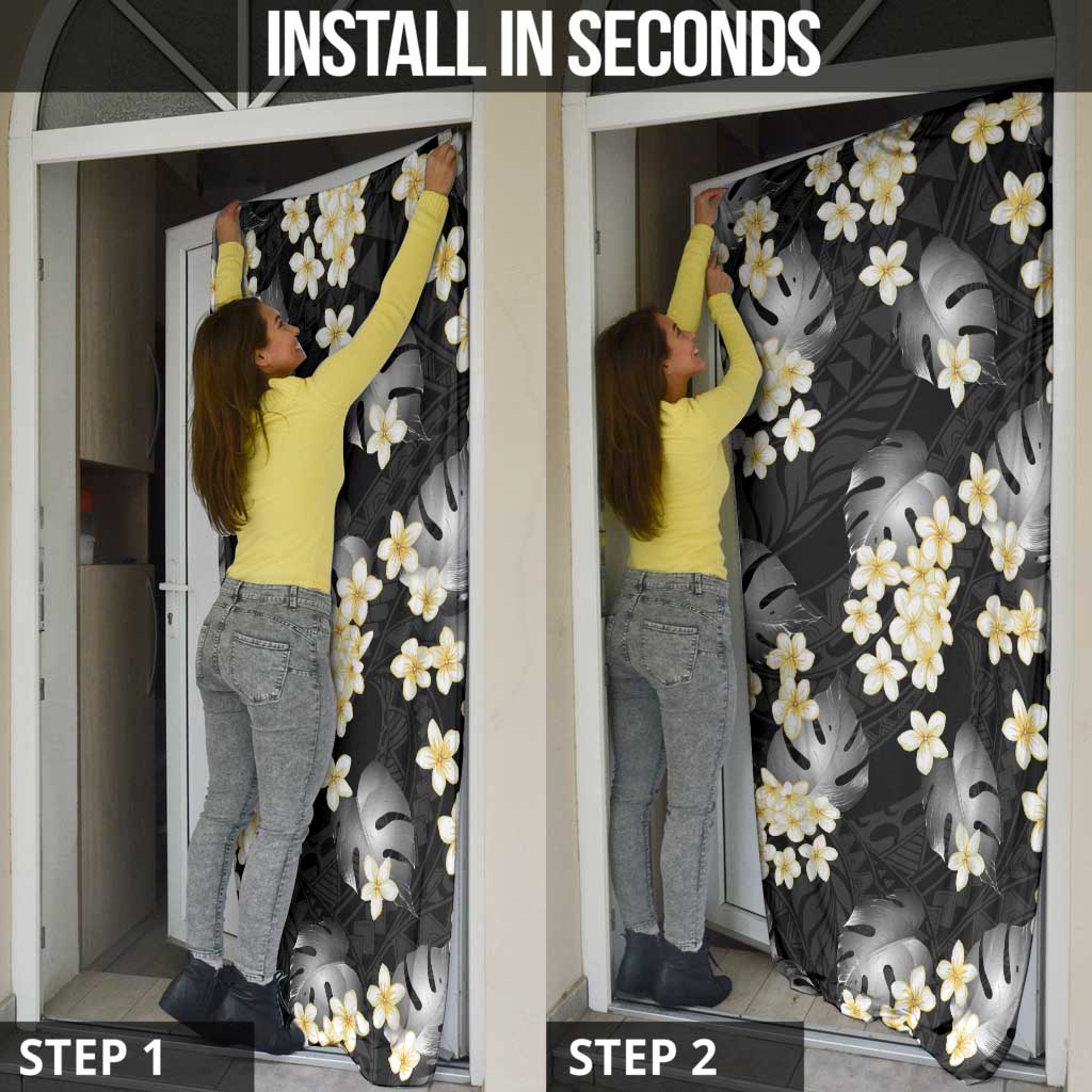 Black Tropical Hawaii Door Cover Seamless Monstera Plumeria Hawaiian Pattern - Polynesian Pride