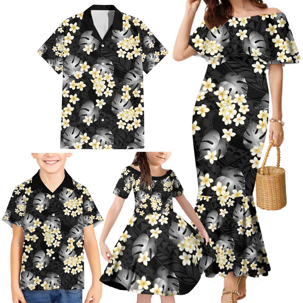Black Tropical Hawaii Family Matching Mermaid Dress and Hawaiian Shirt Seamless Monstera Plumeria Hawaiian Pattern - Polynesian Pride