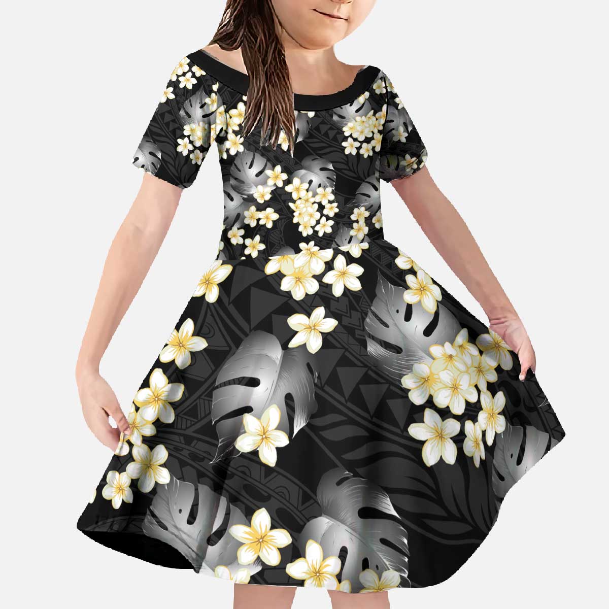 Black Tropical Hawaii Family Matching Off The Shoulder Long Sleeve Dress and Hawaiian Shirt Seamless Monstera Plumeria Hawaiian Pattern - Polynesian Pride