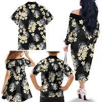 Black Tropical Hawaii Family Matching Off The Shoulder Long Sleeve Dress and Hawaiian Shirt Seamless Monstera Plumeria Hawaiian Pattern - Polynesian Pride