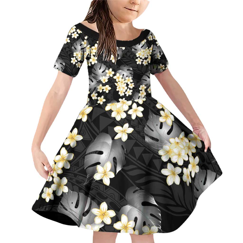 Black Tropical Hawaii Family Matching Off Shoulder Short Dress and Hawaiian Shirt Seamless Monstera Plumeria Hawaiian Pattern LT14 Daughter's Dress Black - Polynesian Pride