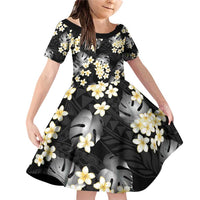 Black Tropical Hawaii Family Matching Off Shoulder Short Dress and Hawaiian Shirt Seamless Monstera Plumeria Hawaiian Pattern LT14 Daughter's Dress Black - Polynesian Pride