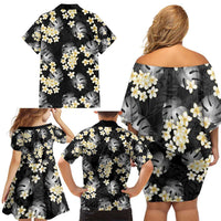 Black Tropical Hawaii Family Matching Off Shoulder Short Dress and Hawaiian Shirt Seamless Monstera Plumeria Hawaiian Pattern LT14 - Polynesian Pride