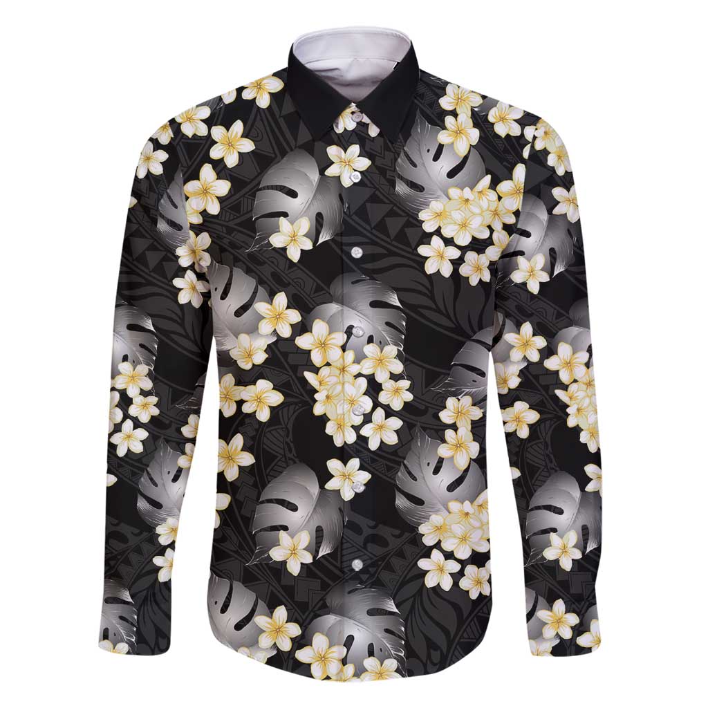 Black Tropical Hawaii Family Matching Off Shoulder Short Dress and Hawaiian Shirt Seamless Monstera Plumeria Hawaiian Pattern LT14 Dad's Shirt - Long Sleeve Black - Polynesian Pride