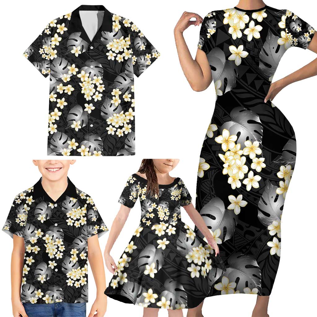 Black Tropical Hawaii Family Matching Short Sleeve Bodycon Dress and Hawaiian Shirt Seamless Monstera Plumeria Hawaiian Pattern LT14 - Polynesian Pride