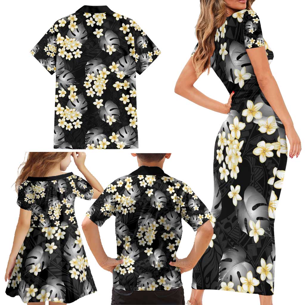 Black Tropical Hawaii Family Matching Short Sleeve Bodycon Dress and Hawaiian Shirt Seamless Monstera Plumeria Hawaiian Pattern LT14 - Polynesian Pride